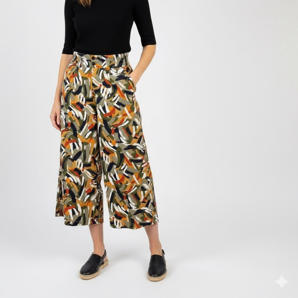 Multi Coloured Brush Stroke Patterned Wide Leg Cropped Cotton Pants Size S